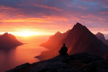 Silhouette of person meditating atop a mountain at sunset.
