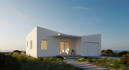 Modern Minimalist Coastal Home Exterior Under a Bright Blue Sky