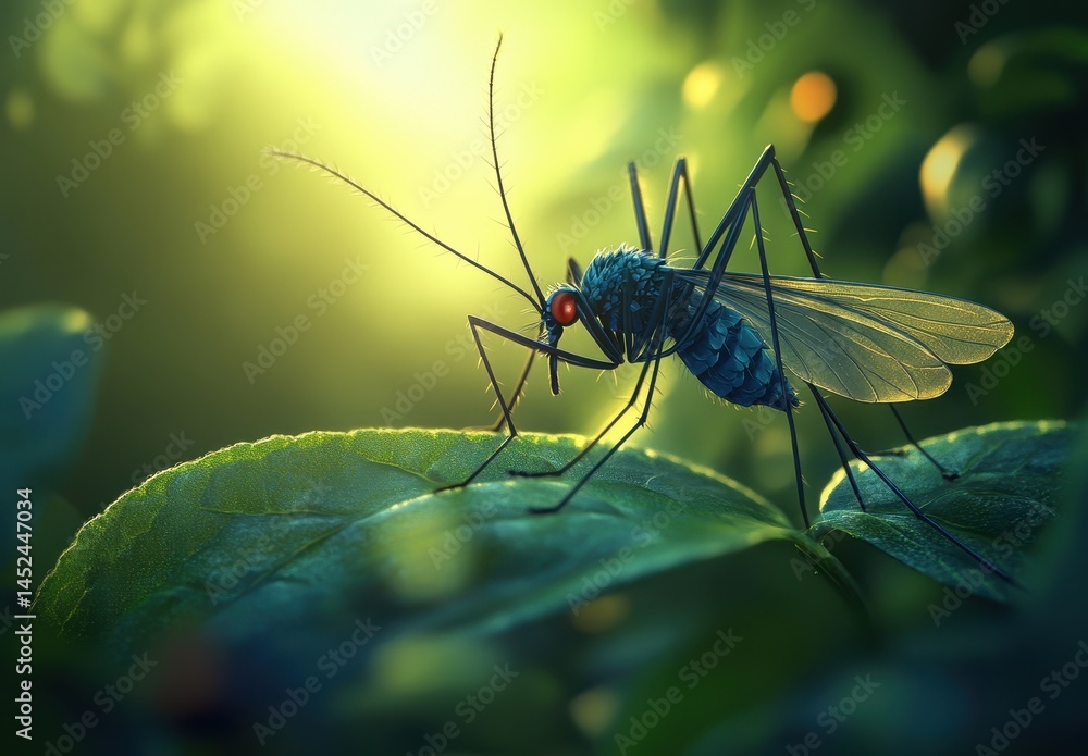 Poster close-up of a colorful mosquito resting on a green leaf in nature with soft light background creatin