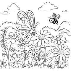 vector illustration of a butterfly and bee. coloring page for kids activity. Black and white.