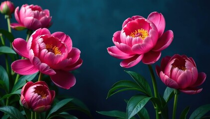 Fototapeta premium Bold peony blooms in vibrant hues, lush foliage on a dark navy backdrop , modern, dramatic
