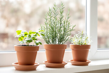 Fototapeta premium three potted herbs rosemary basil and lavender on a windowsill