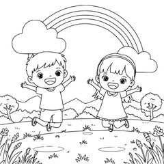 happy boy and girl playing in the park with rainbow on the sky. coloring page for kids. Kawaii style