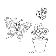 vector illustration of a butterfly and bee. coloring pages
