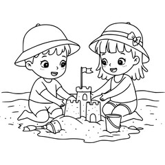 children build sand castle on the beach. coloring page for kids.