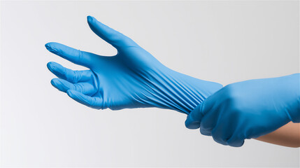 青いゴム手袋を装着しているところ