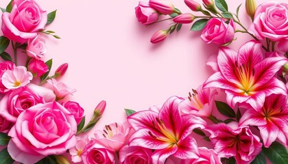 Elegant pink floral banner header with roses and lilies, ample copy space,  element,  graphic