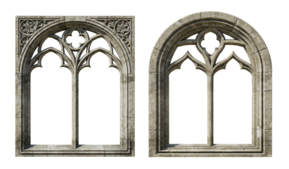 Stone gothic arch windows architecture design elements for medieval castles decor isolated on transparent background