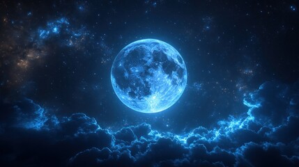 Obraz premium Blue Moon, Night Sky, Clouds, Stars, Cosmic