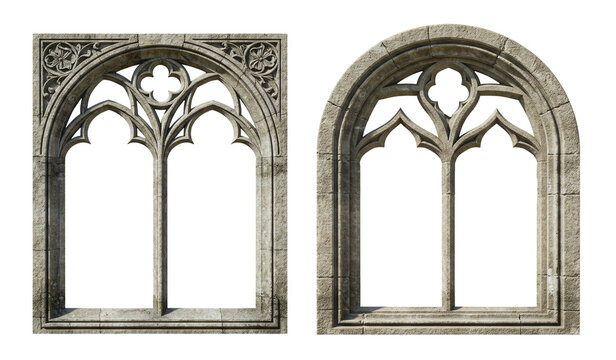 Stone gothic arch windows architecture design elements for medieval castles decor isolated on transparent background