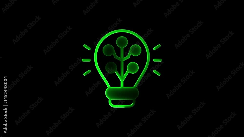 Poster glowing green light bulb with branching structure on a black background