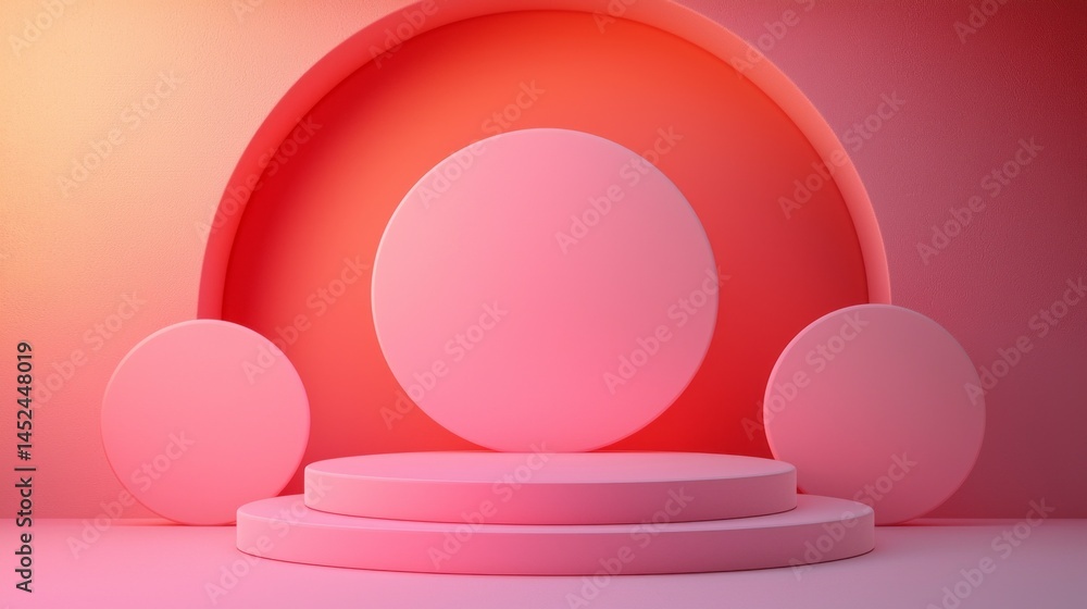 Poster A series of circular and oval shapes are positioned on a circular platform against a gradient pink backdrop, creating a visually striking minimalist setup ideal for artistic presentations