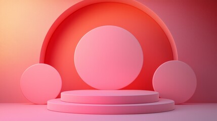 Obraz premium A series of circular and oval shapes are positioned on a circular platform against a gradient pink backdrop, creating a visually striking minimalist setup ideal for artistic presentations