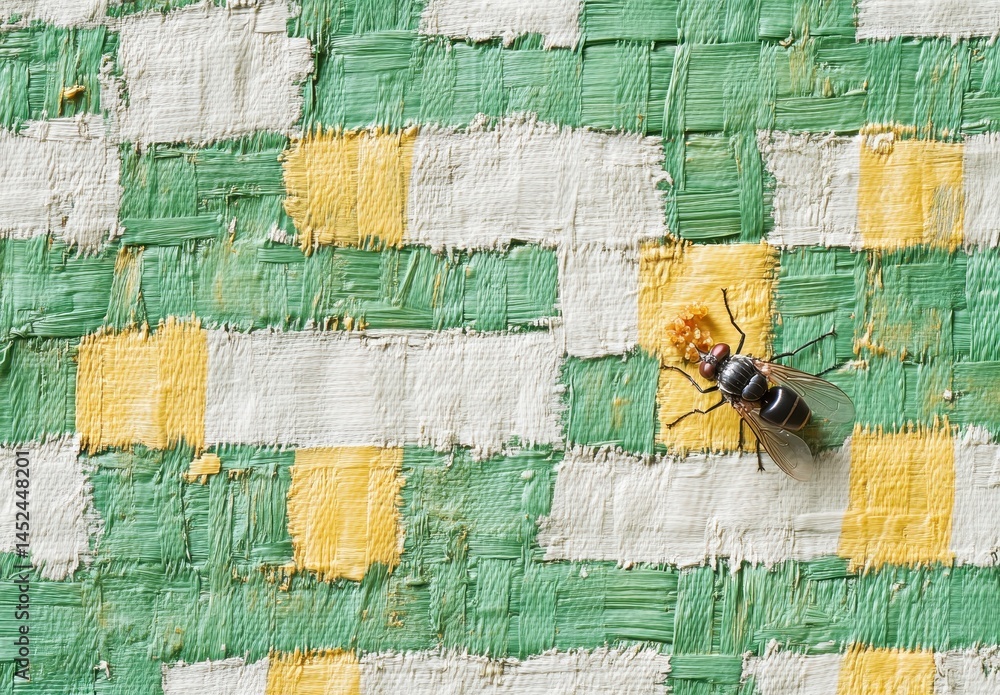 Poster close-up of a fly on colorful textured surface with green and yellow pattern in natural light showca