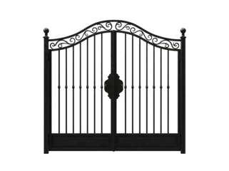 Black wrought iron gate entrance ornamental security metalwork design element isolated on transparent background