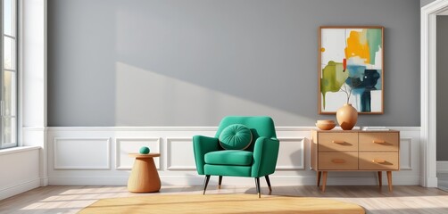 Emerald armchair, grey wall, abstract art, contemporary living room, round pillow, commode, couch,  room,  apartment