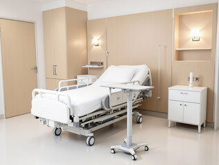 modern adjustable hospital bed in a clean well-lit private room