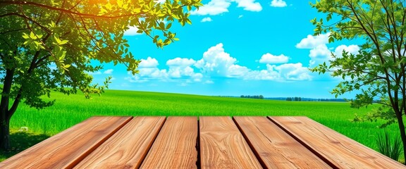 Empty rustic wooden tabletop against vibrant summer landscape; serene blue sky, lush green field, wooden, template