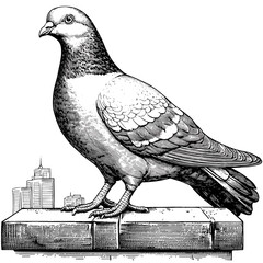 City Pigeon, Vintage Wood Block Print Style, Old Engraving, Black Sketch, Retro Bird Art, Urban Wildlife, Antique Drawing, Handcrafted Look, Etching Style, Vector Illustration, engraved pigeon
