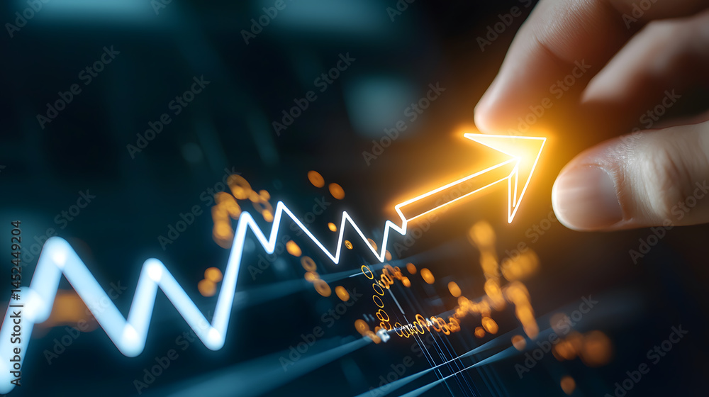 Poster fingertip interaction with glowing icon digital interface user experience modern technology close-up