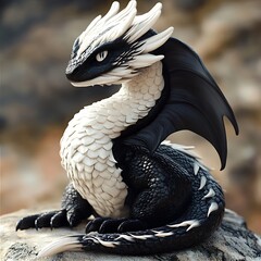 Adorable Black and White Baby Dragon Fantasy Illustration