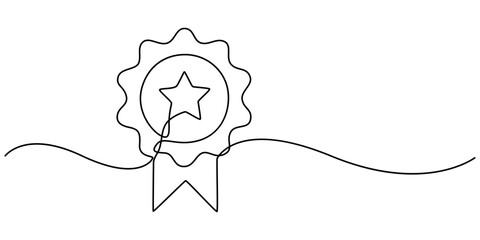 Single continuous line drawing of the best quality award badge with gold star winning medal illustration, Winning badge in one continuous line drawing. Symbol of a winner. Award winning ribbon minimal