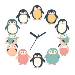Obraz premium Adorable Penguin Clock Illustration Cute Winter Animals Circle Design
