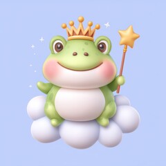Cute Green Frog King with Golden Crown on Fluffy Cloud