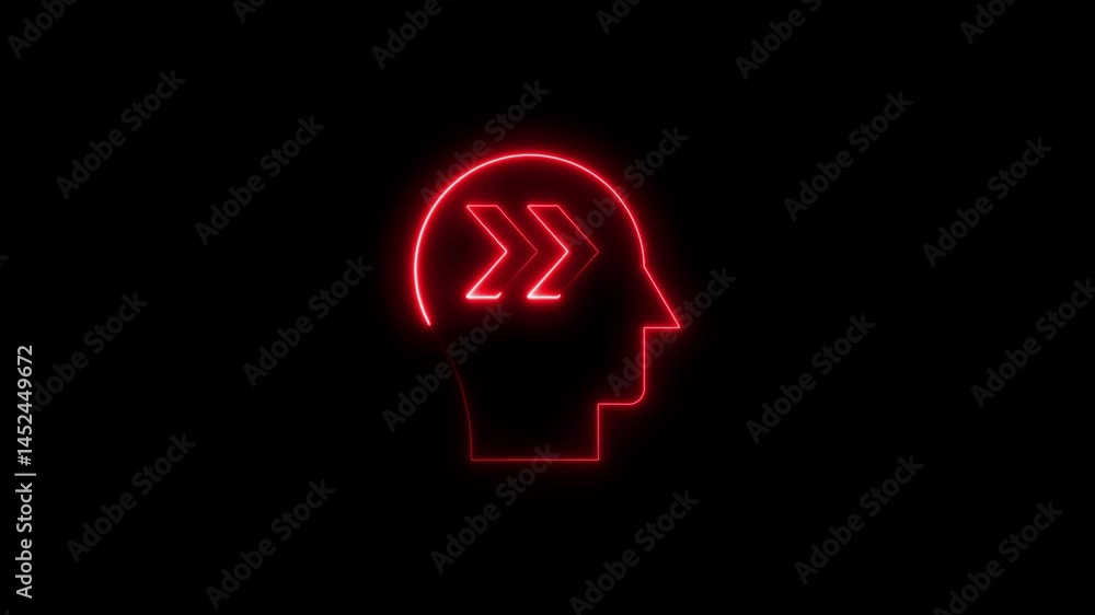 Poster animated red neon brain thinking concept with fast forward arrows on black background
