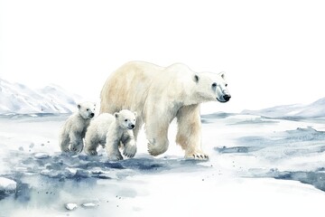Polar Bear Family Arctic Walk - A mother polar bear leads her two cubs across a snowy arctic landscape. Watercolor painting