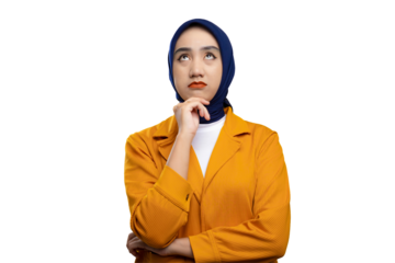 Pensive young Asian woman looking up at copy space, touching her chin, thinking about great offer isolated on transparent background