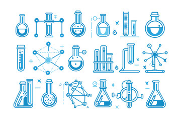 Chemistry or science research laboratory equipment line icons. Pharmacy lab glassware, beakers, test tube and flasks pictograms vector set. Illustration of glass lab beaker, glassware and medical icon