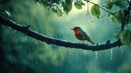 Fototapeta premium A robin, resting on a branch while raindrops drip from the tree above, with the mist of the rain enveloping the scene.