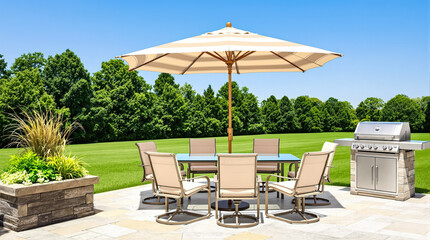Obraz premium stylish outdoor patio dining set with umbrella and grill