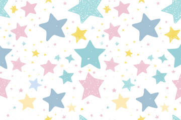 Seamless vector repetitive background with stars. Holiday joyful pattern with multicolored grey, pink, yellow, red, orange and purple vector stars on white background.