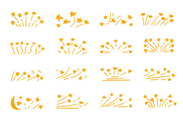 Yellow Doodle Hand-Drawn Fireworks with Stars Elements Collection