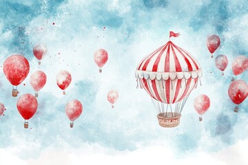Red Hot Air Balloons in a Blue Sky - Watercolor painting of red hot air balloons, including a large striped one, floating in a light blue sky. Perfect for children's decor