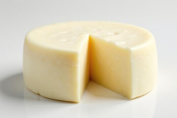 Creamy white cheese wheel on white background, kraft, texture, gouda