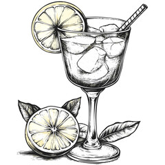 Old engraving style cocktail glass, citrus slice, vintage bar vector illustration, antique alcohol drink sketch, trendy etching design, mixology icon art,