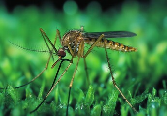 Close-up of a Mosquito Sitting on Green Moss in a Natural Setting with Detailed Features Highlighted, Capturing Nature's Intricacies and Insect Behavior
