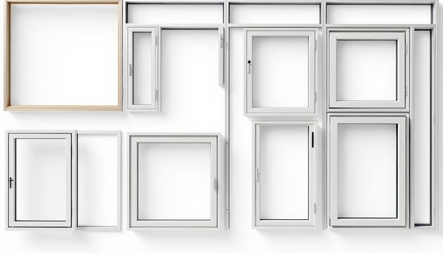 Modern aluminum window frames, various sizes and styles, isolated on white,  window collection,   seamless texture