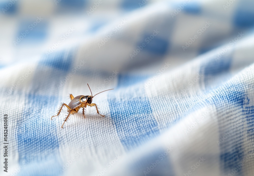 Poster close-up of a small cockroach crawling on a soft blue checkered fabric displaying fine details in ma