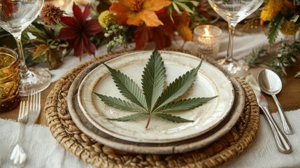 A charming rustic table setting for a special occasion, complete with earthy tones, fresh flowers, and a cannabis leaf as a unique centerpiece.