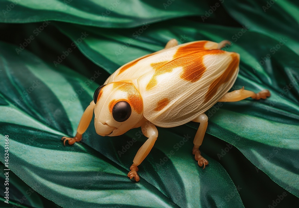 Poster close-up of a unique insect with distinctive orange and white patterns on lush green leaves in natur