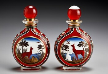 On a pair of red and gold vases is a painting of a deer and a bird