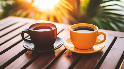 Obraz premium Morning coffee ritual: Two cups of invigorating beverage on a wooden table