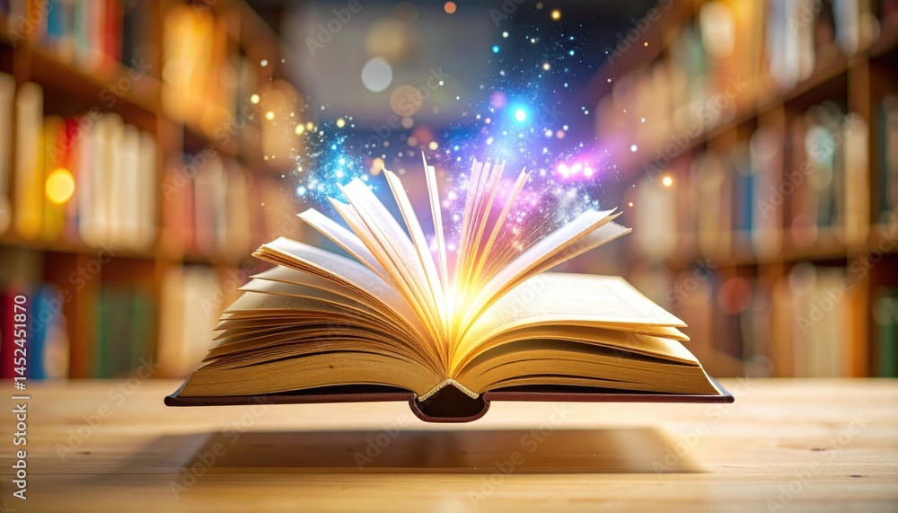 Aufkleber floating open book with luminous sparks above, set in a library, symbolizing knowledge and imaginati