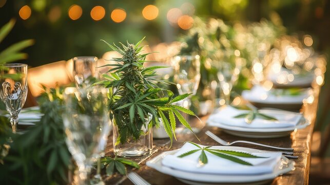 A charming rustic table spread for a wedding or special event, featuring cannabis leaves as the primary table centerpiece. - Powered by Adobe