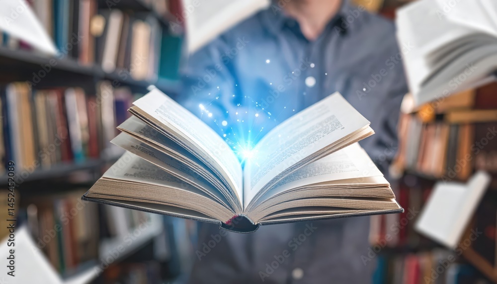Poster hands holding an open book with magical glowing effects in a library filled with shelves of books in