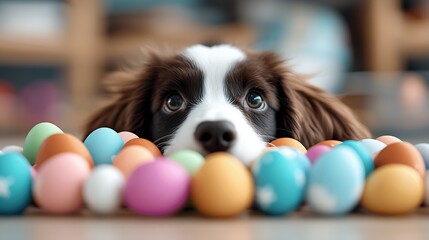 Adorable Brown and White Puppy Surrounded by Colorful Easter Eggs